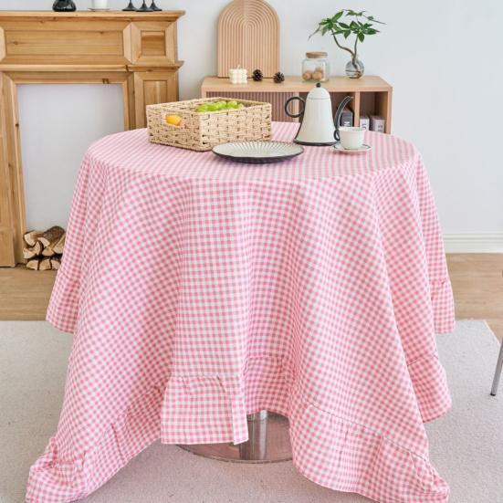 Tablecloth Farmhouse Style Plaid Pattern Ruffled Edge Tablecloth Round Shape Soft Cotton Linen Fabric Cloth Table Cover