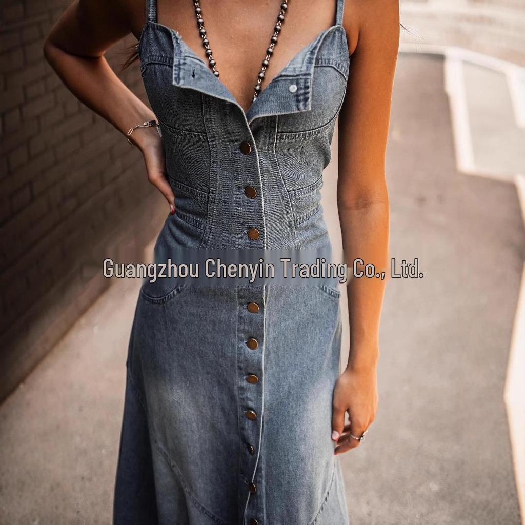 European & American Retro Washed Denim Suspender Swing Dress for Women