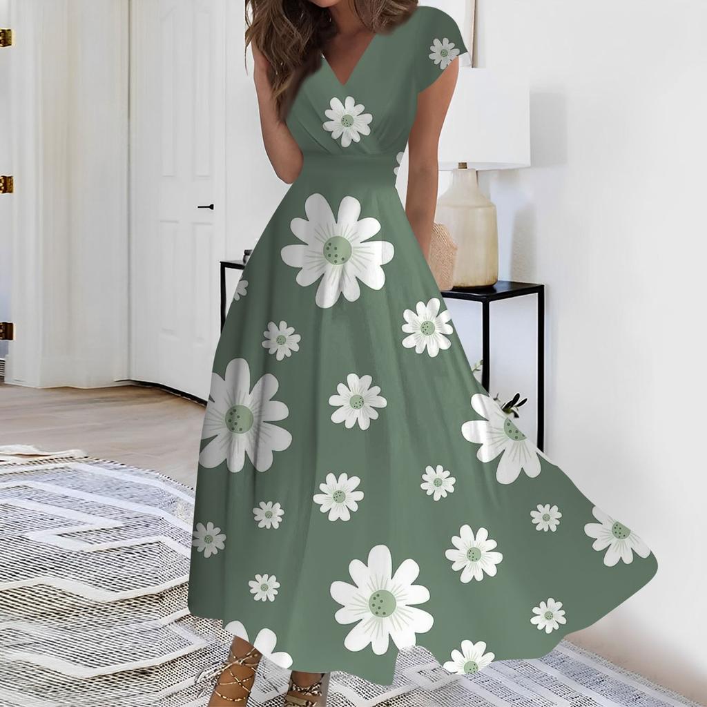 Женское длинное повседневное платье. Летнее платье с короткими рукавами и v-образным вырезом на талии с принтом.