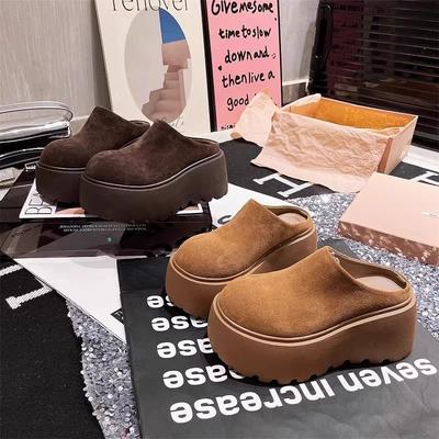 Туфли на большой голове женские новые осенне-зимние полупедальные тапочки маленькие маффины толстая подошва увеличивает