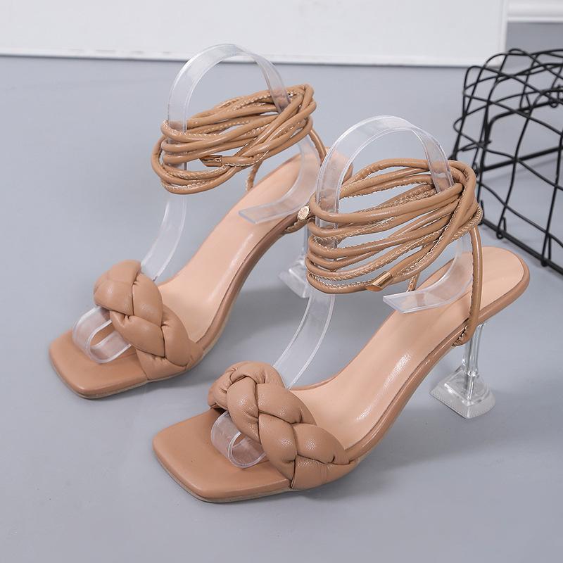 Fashion High Heel Sandals 2024 Summer New European and American Large Sizes 35-43 Sexy Beauty Crystal Heel Strap Casual Sandals
