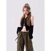 Women Off Shoulder Chain Patch Long Sleeve Black Cardigan Crop Top  Y2k Aesthetic Fairy Grunge Gothic Cardigans Korean Chic