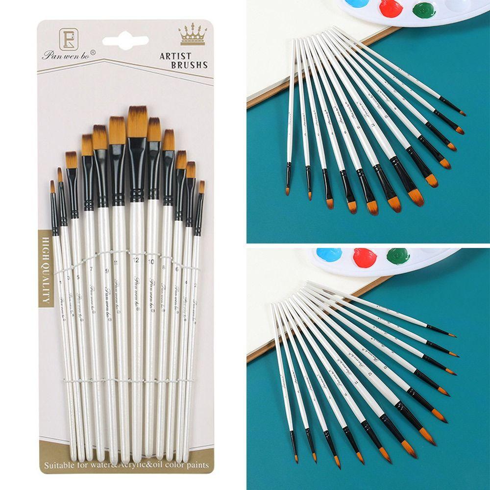 12Pcs Nylon Hand Drawn Watercolor Pointed Round Flat Head Flat Brushes Painting Brushes Gift