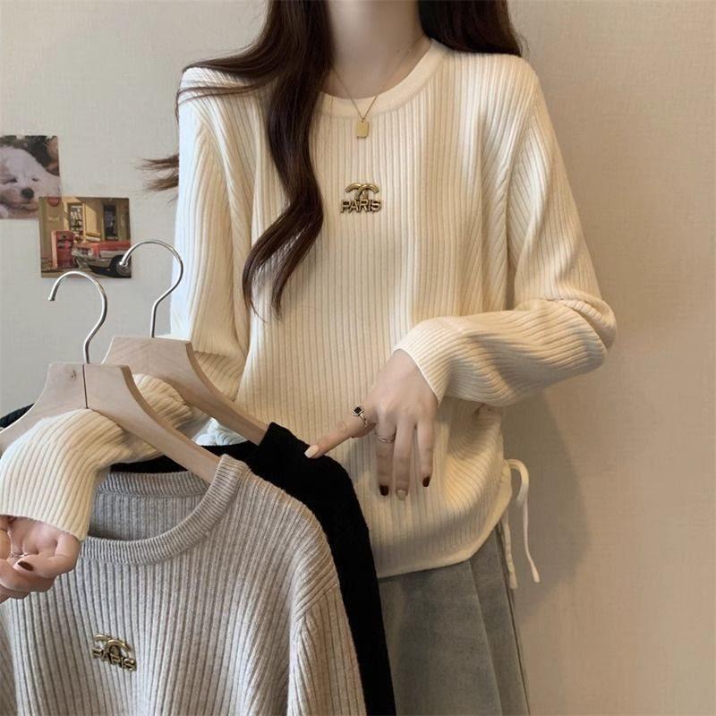 Ribbed Knitted Slimming Drawstring Sweater - Women's Korean Style Spring/Autumn Top