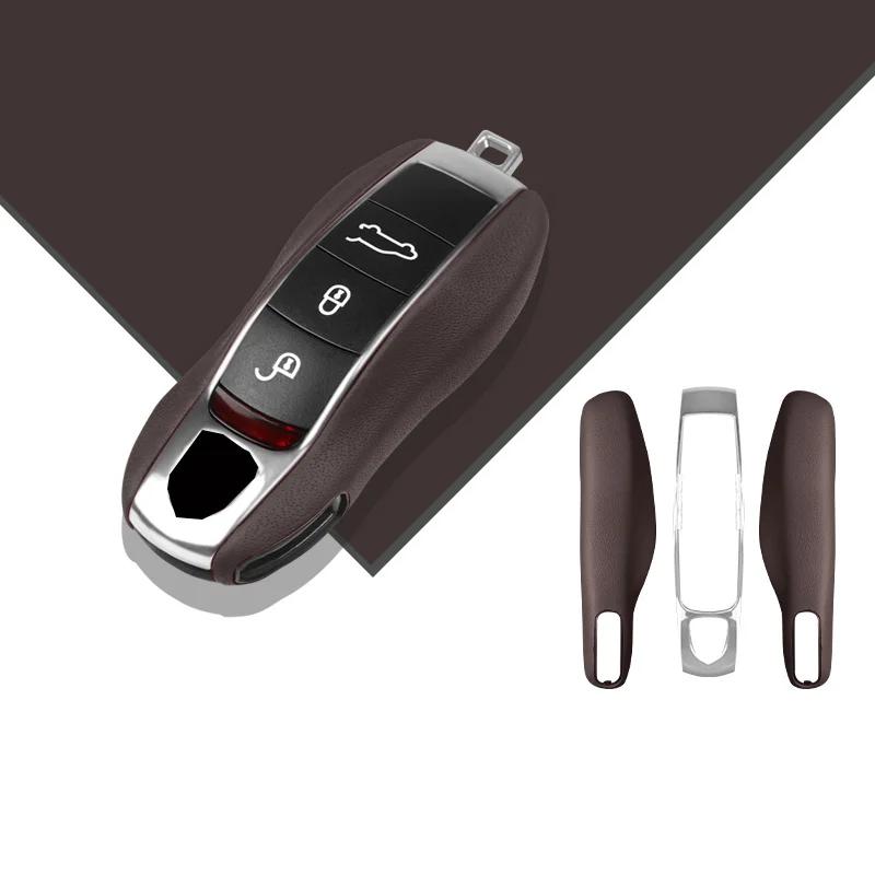 AABKV1 Luxury Genuine Leather for Porsche Boxster Cayman Panamera Cayenne Macan 718/911 Taycan Car Key Case Cover Protective Keychain