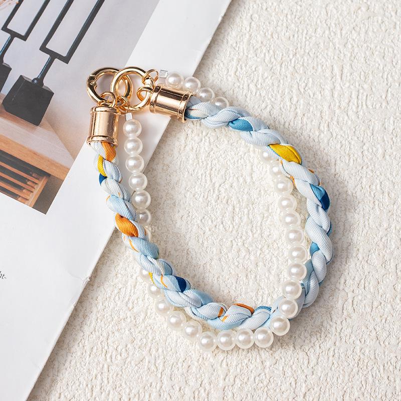 Douyin-Style Pearl Phone Lanyard with Silk Scarf Strap & Pendant