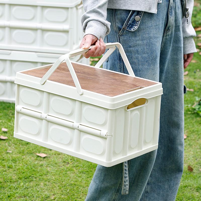 Портативная складная корзина для пикника с деревянной крышкой