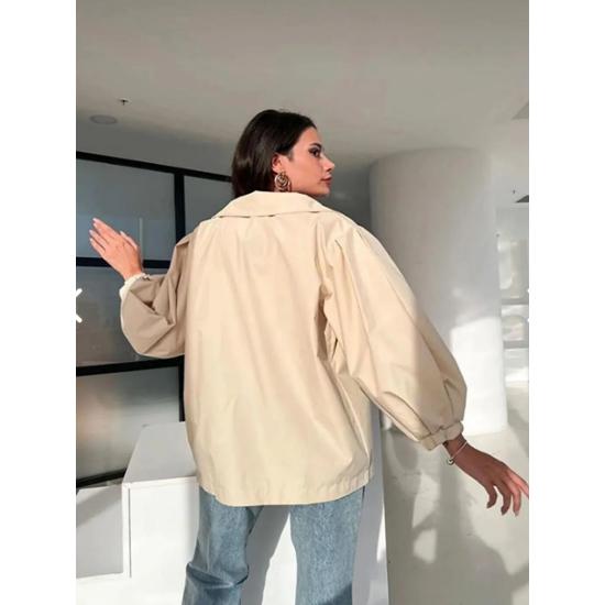 Balon Kol Düğmeli Kısa Trençkot Bondit Kumaş