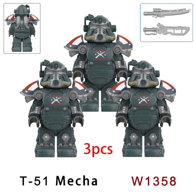 3 шт. Военные T51 Броня BOS Солдат Мини Аниме Фигурки Действия fallout Оружие Робот Рыцари Строительные Блоки Кирпичи Игрушки подарки