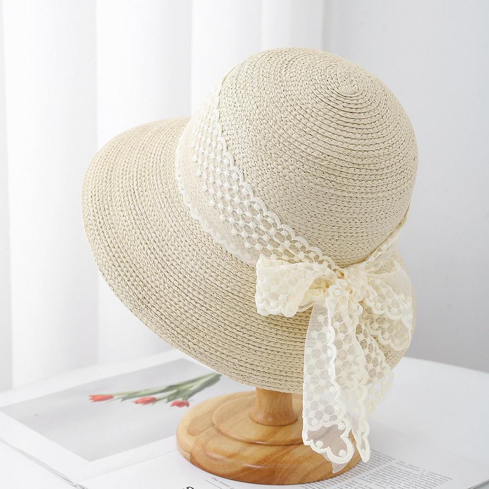 New big lace summer straw hat big eaves women's hat pot hat beach hat sunshade sun protection versatile bow hat