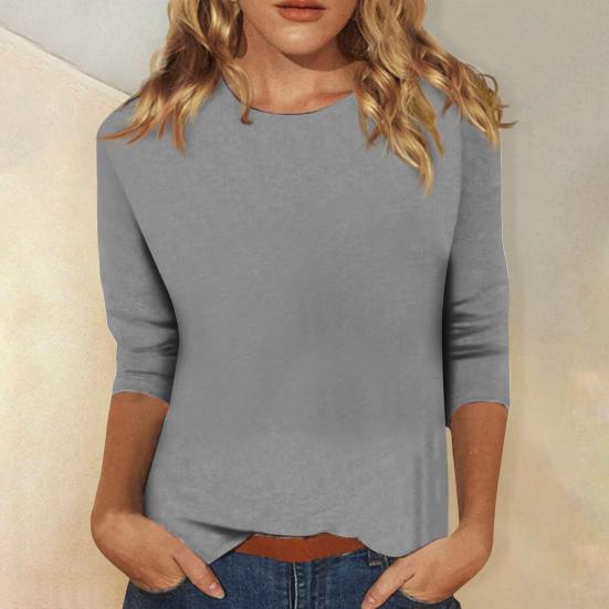 Women Casual T-shirt O-neck 3/4 Sleeve Pullover Tops Solid Color Slim Fit Tunic Tops Stretchy Tee Shirt Streetwear