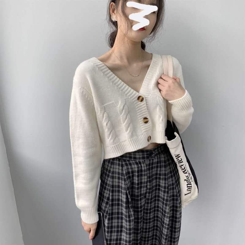 Осень-зима облегающий женский кардиган свитер с длинным рукавом V-образным вырезом однобортный укороченный вязаный кардиган женский элегантный трикотаж с длинным рукавом 30986