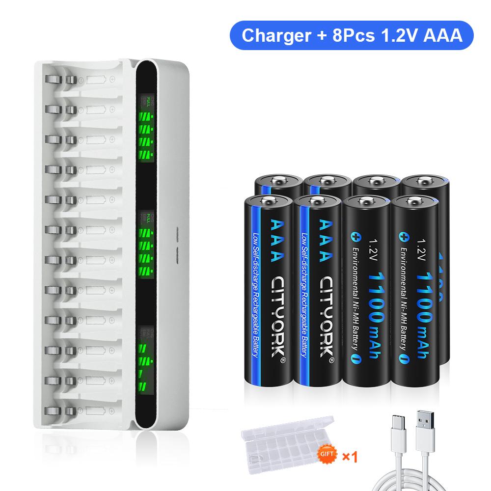 Charger and Battery Combo Kit 12 Slot Smart LCD USB/Type-C Hybrid 1.2V Battery Charger + 1.2V AA/AAA NiMH Rechargeable Battery