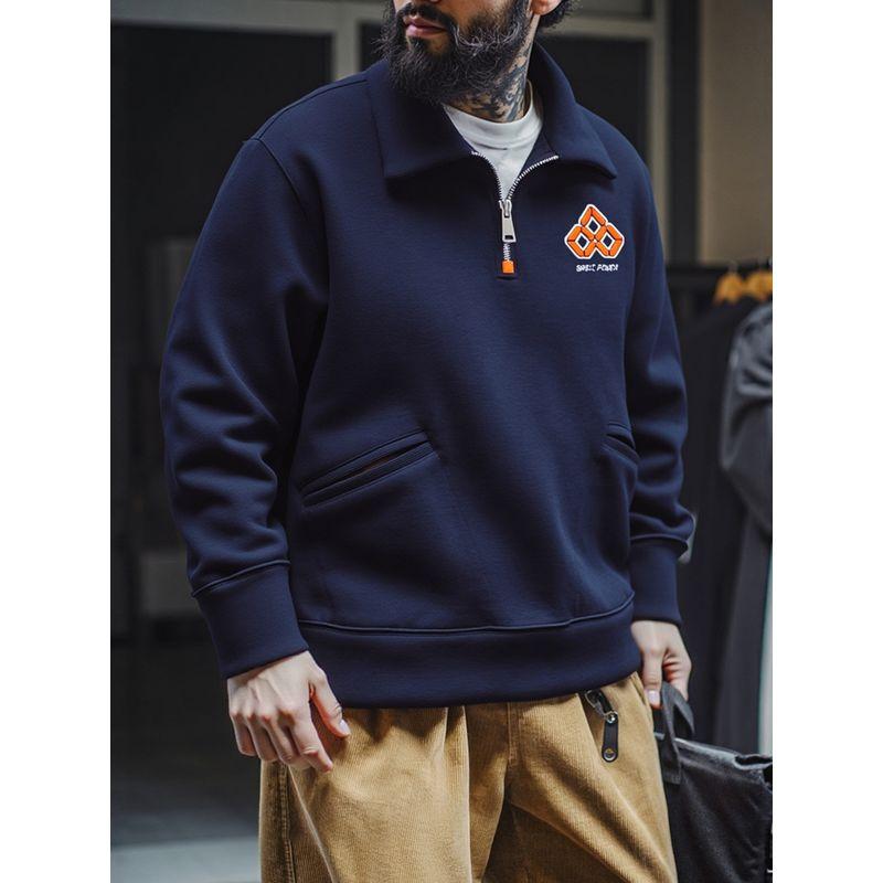 520g Heavyweight Embroidered American Retro Half-Zip Lapel Sweatshirt for Men, Autumn and Winter Base Layer, Export Men's Casual Jacket