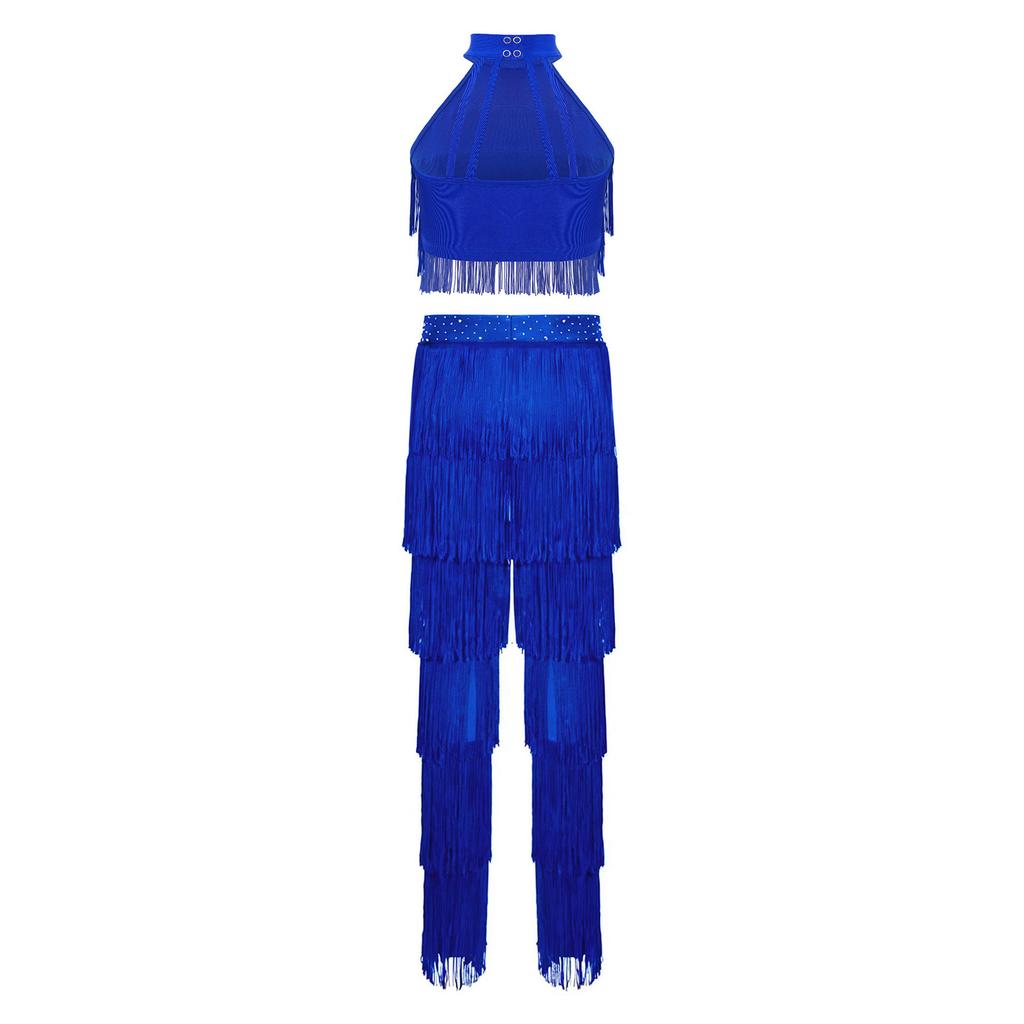 Children‘s Latin Dance Outfit Sleeveless Back Straps Crop Top Layered Tassels and Matching Elastic Waist Fringe Pants for Salsa Competition