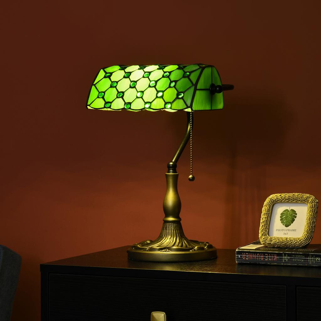 Stained Glass Table Lamp Vintage Lamp With Green Handmade Shade Metal Base Antique Bedside Lamp For Bedroom Living Room