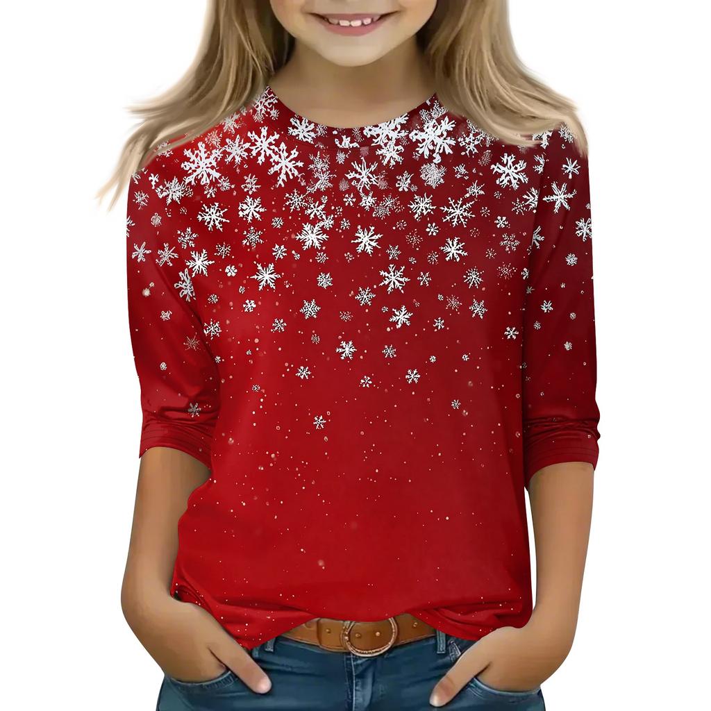 Children's 3/4 Sleeve Tops Casual Christmas Print T Shirt Round Neck Pullover Blouse
