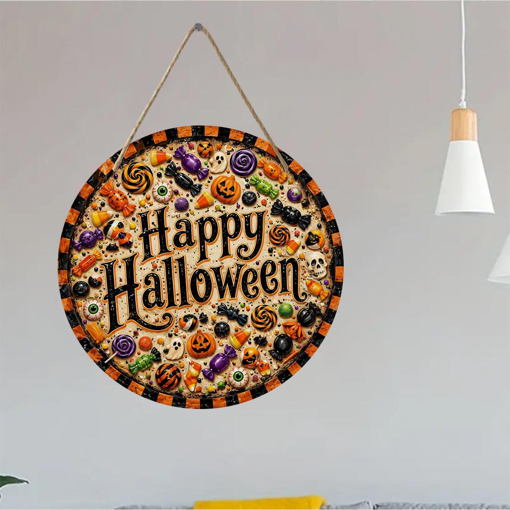 Vintage candy theme spooky pattern Round Wooden Hanging Plaque wall art decor front door welcome sign for Halloween party home ornament