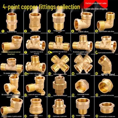 Медный четырехточечный тройник с наружной и внутренней резьбой, прямой переходник и угловые фитинги.