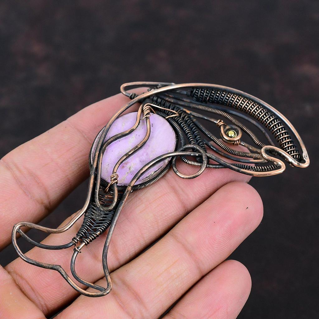 Кулон из фосфосидерита, кулон, обмотанный медной проволокой, кулон с драгоценным камнем, медные украшения, ручная работа, кулон в виде рыбы, украшения из фосфосидерита в подарок