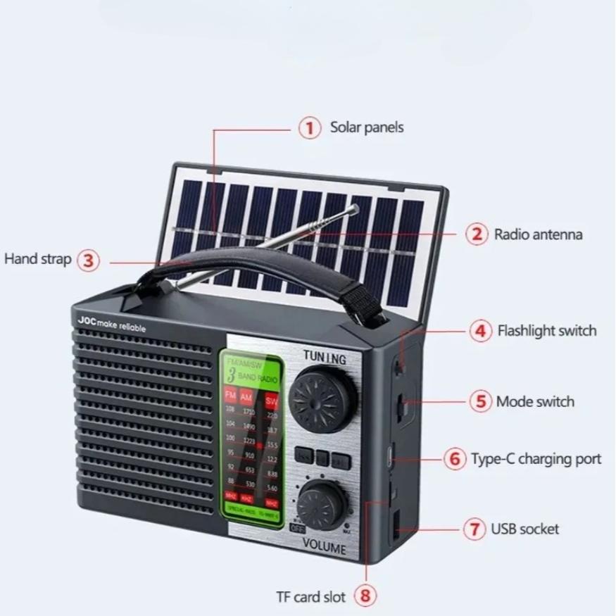 Портативное многофункциональное радио FM AM SW Перезаряжаемое USB TF Воспроизведение Уличное Солнечное Беспроводной Динамик Bluetooth