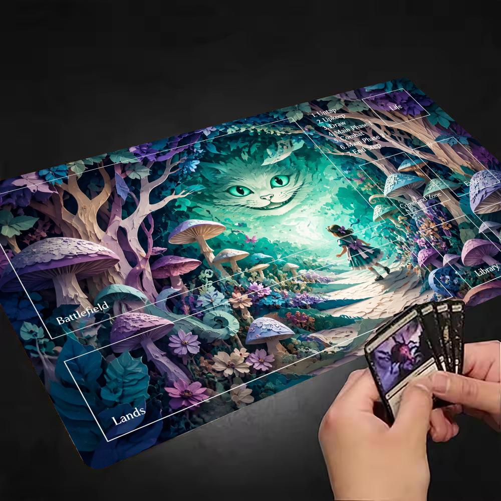 Fantasy Wonderland Mushroom Magical Forest Cat Art Large Size Table Mat Mousepad For Laptop Desktop Gaming