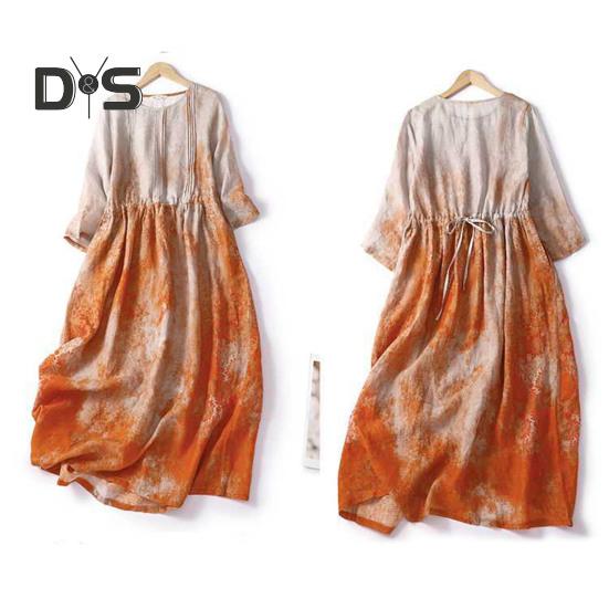 Женское летнее льняное платье больших размеров, повседневное платье-миди с цветочным принтом и круглым вырезом, рукавом 3/4, свободное струящееся пляжное платье-сарафан