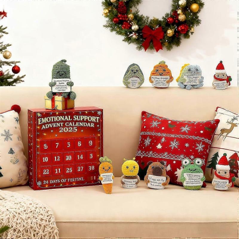 Адвент-календарь эмоциональной поддержки 2025 24 дня до Рождества с 24 акриловыми украшениями, персонажи в стиле вязания крючком, набор для снятия стресса,