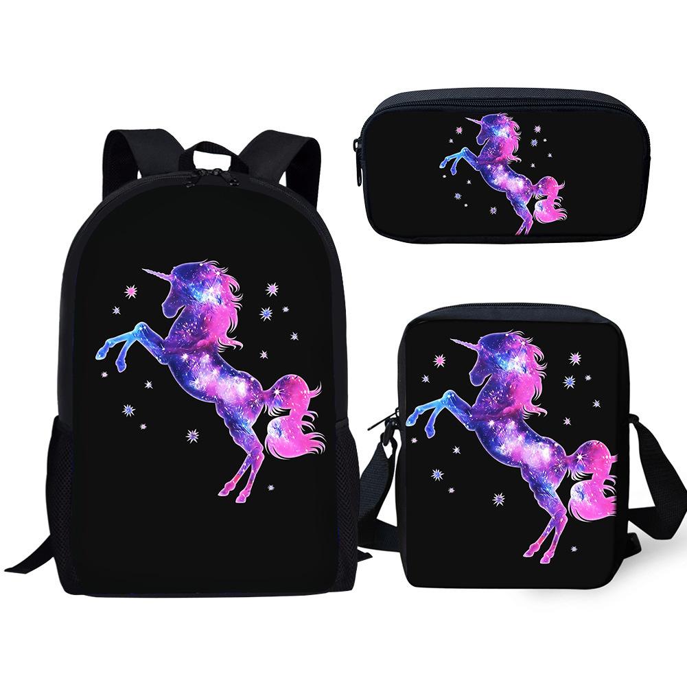 Fashion Novelty Rainbow Unicorn 3D Print 3pcs/Set Pupil School Bags Laptop Daypack Backpack Inclined Shoulder Bag Pencil Case