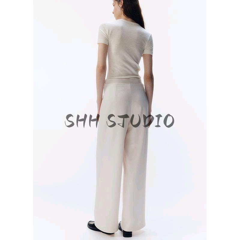 Spring New Women's Clothing French Design Easiest for Match Metal Retaining Ring Decoration High Waist Casual Pants 1224090