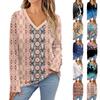 Womens Long Sleeve Tops V Neck Shirts Casual Flower Print Basic Trendy Tee Blouses Fall Tunic Outfits Fitted T Shirts