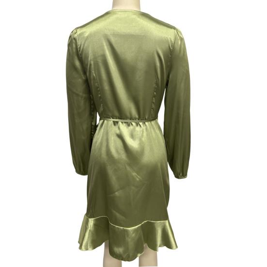 Женское мини-платье с V-образным вырезом, длинным рукавом-фонариком и боковой шнуровкой