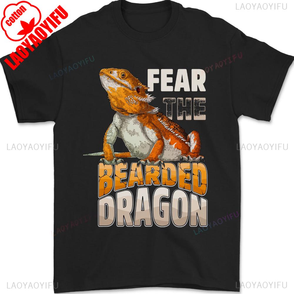 Fear The Bearded Dragon Mens TShirt Retro Reptile Graphic Streetwear Cotton Tee Humorous Animal Print Casual Top