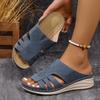 Women’s T-Strap Wedge Sandals, Thick Sole with Stitching and Hollow Design, Summer Casual Slip-Ons, Wide Size