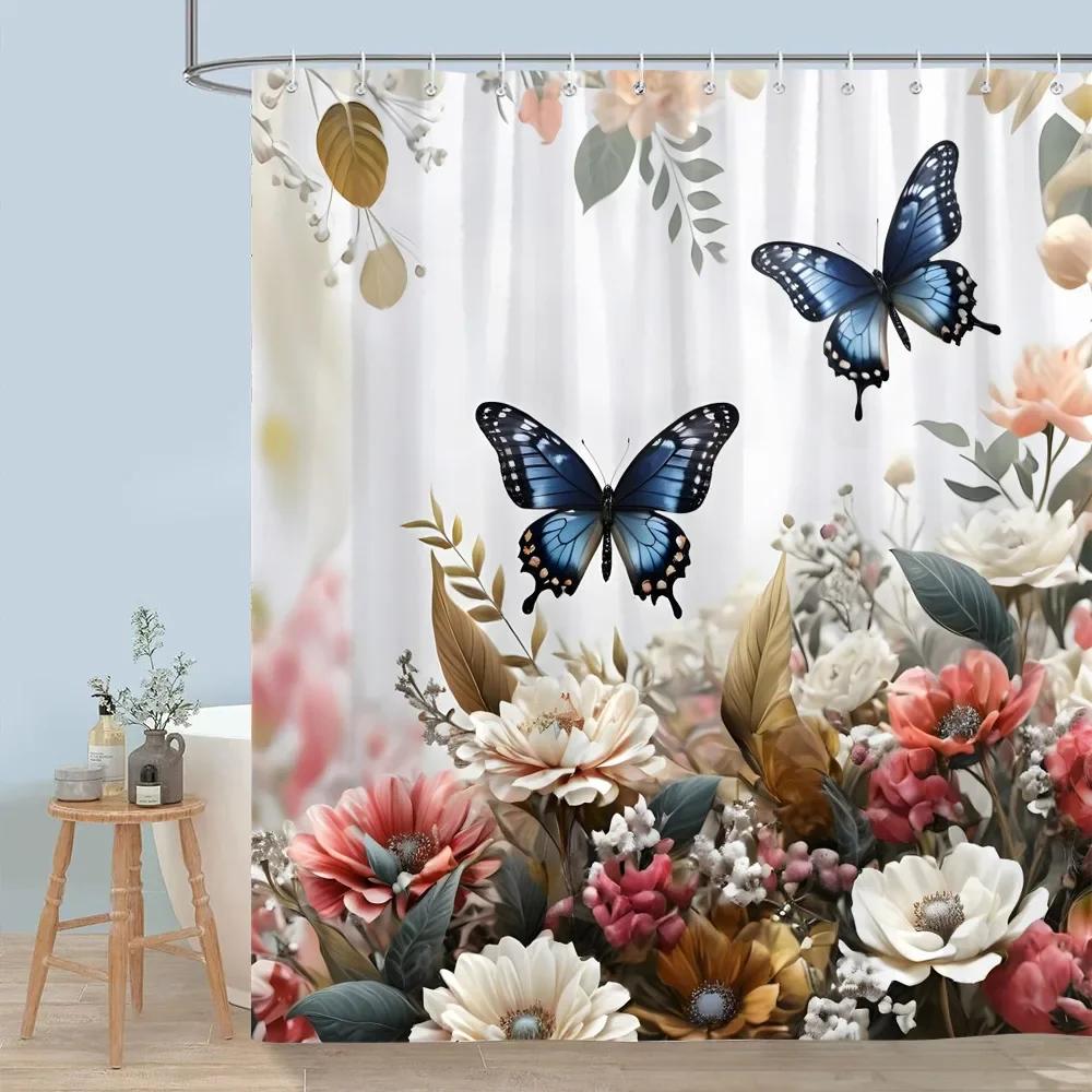 Красивая Цветочная Шторка для Душа Цветущий Цветок Бабочка Лотос Полиэстеровая Ткань Домашние Шторки для Душа Декор для Ванной Комнаты С Крючками