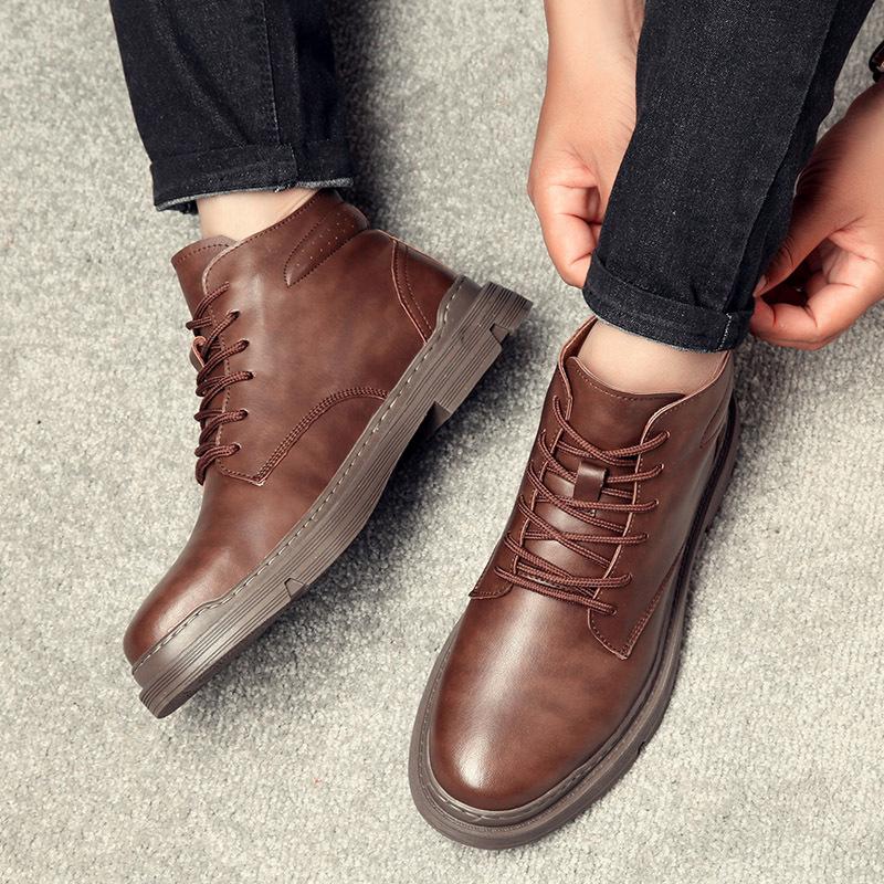 Solid Color High Top Cow Leather Boots for Men Autumn Winter New Lace Designer Work Shoes Male Fashion Casual Ankle Boots Man