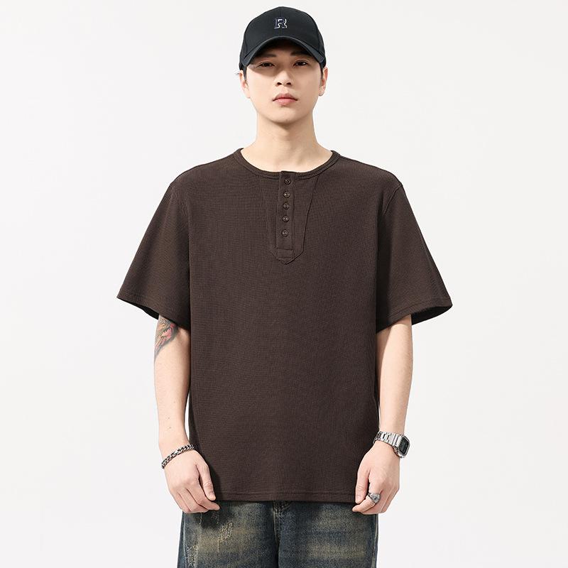 Retro Short-sleeved T-shirt for Men Henry Neck Loose Summer New Short Shirt