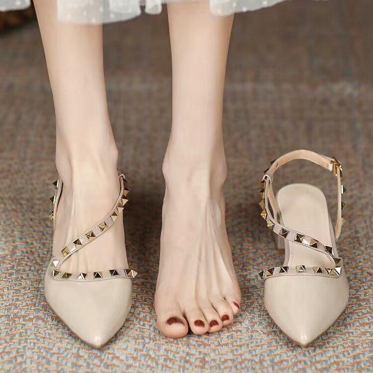 2025 Summer New Mid-heel Nude High Heels French Niche Thick Heel Pointed Head Rivet Bag Head Empty Sandals Women
