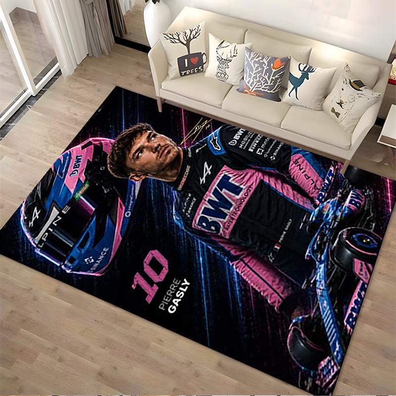 Racing Driver with Helmet and Car Design. Non-slip rug suitable for living room and bedroom sofas.
