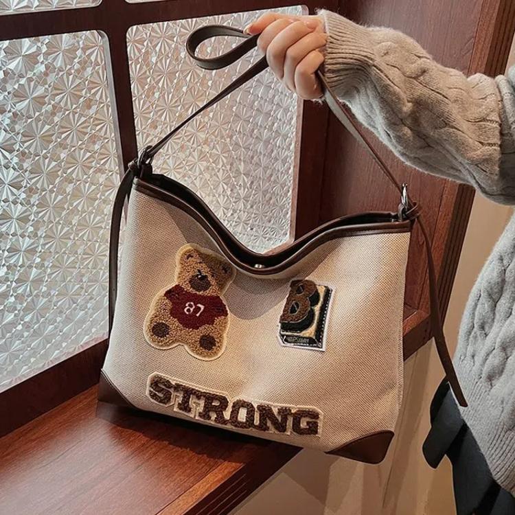 Винтажная сумка-тоут с рисунком медведя, большая вместимость, женская сумка через плечо, модная универсальная школьная сумка для девочек-подростков
