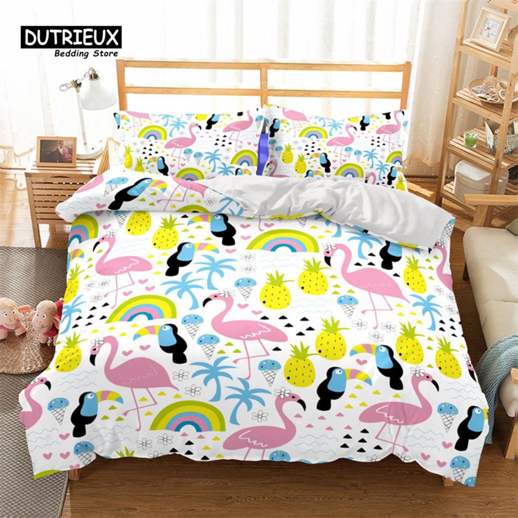 Soft Flamingo 3D Print Bedding Set Fresh Style Cartoon Animals Green Leaves Tropical Fruit Floral Duvet Cover With Pillowcases