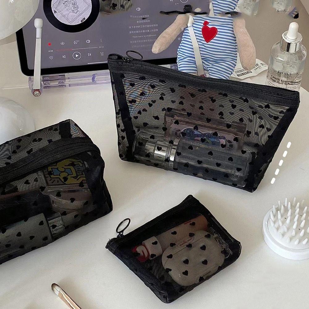 Wave Point Transparent Cosmetic Bag Large Capacity Love Heart Mesh Makeup Bag Cute Travel