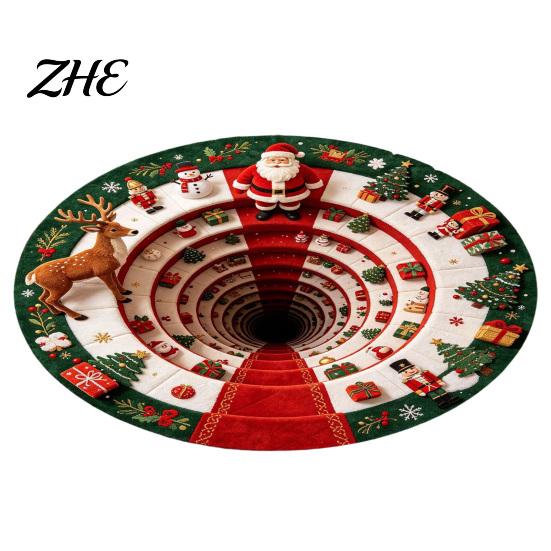 Non Slip Holiday Floor Decor Christmas Round Area Rug, 3D Visual Trap Mat with Santa Elk Print, Stylish Spiral Pattern Rugs Non-Slip Stain Resistant