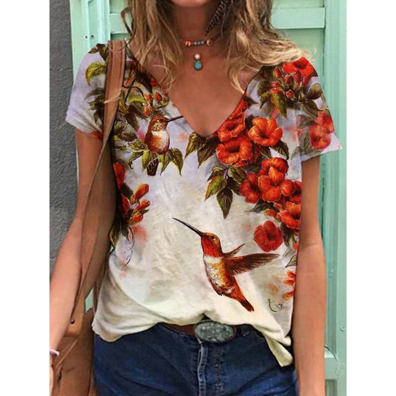 Новая летняя женская футболка с V-образным вырезом и коротким рукавом с высококачественным 3D-принтом животного, птицы