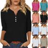 Women's Fashion Casual Solid Colour V-Neck Button Up 3/4 Sleeve T-Shirt Top