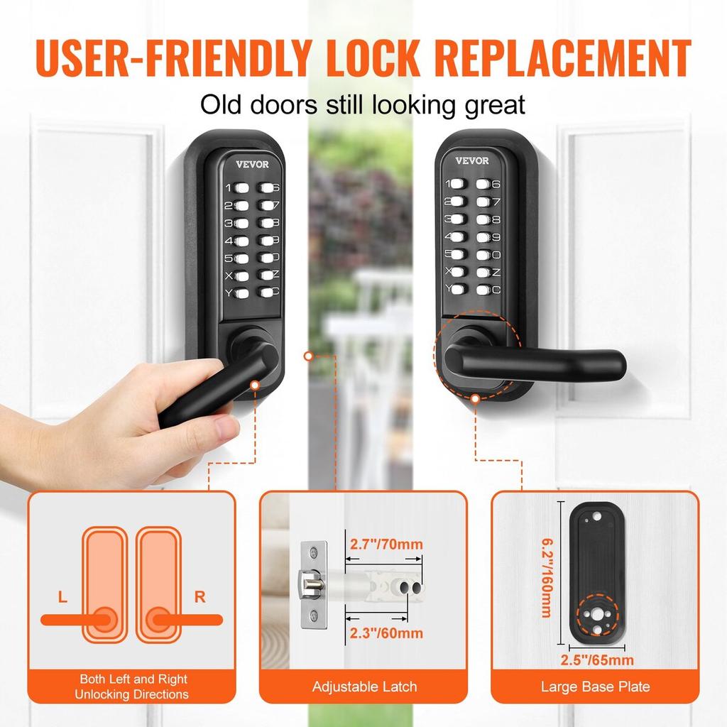 Mechanical Keyless Entry Door Lock, 14 Digit Keypad, Double-sided Embedded Outdoor Gate Door Locks Set with Keypad and Handle, Water-proof Zinc Alloy,