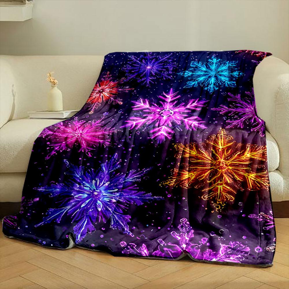 Colorful, glowing snowflakes in various shapes on a dark background. for all seasons blanket lunch break throw gift
