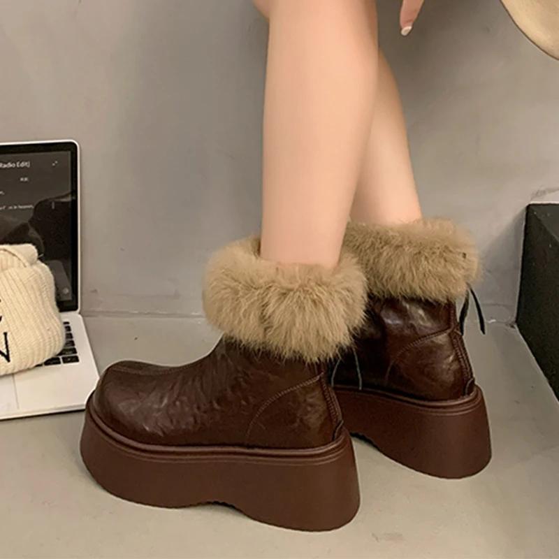 Женские меховые ботильоны на платформе, кожаные туфли на плоской подошве, женская мода 2025 года, зимние теплые, элегантные, готические, новые, зимние сапоги Mujer Botas