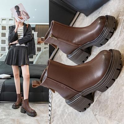 Ботинки Мартин с круглым носком женские осенне-зимние новые короткие ботинки модные универсальные ретро тонкие на маленьком толстом каблуке модные ботинки