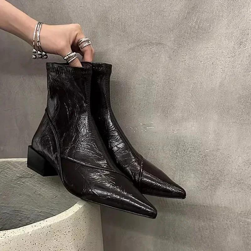Fashionable Pointed Toe Short Boots Women's Chunky Heel Ankle Boots Autumn Winter New Style Leather Inner Microfiber Material